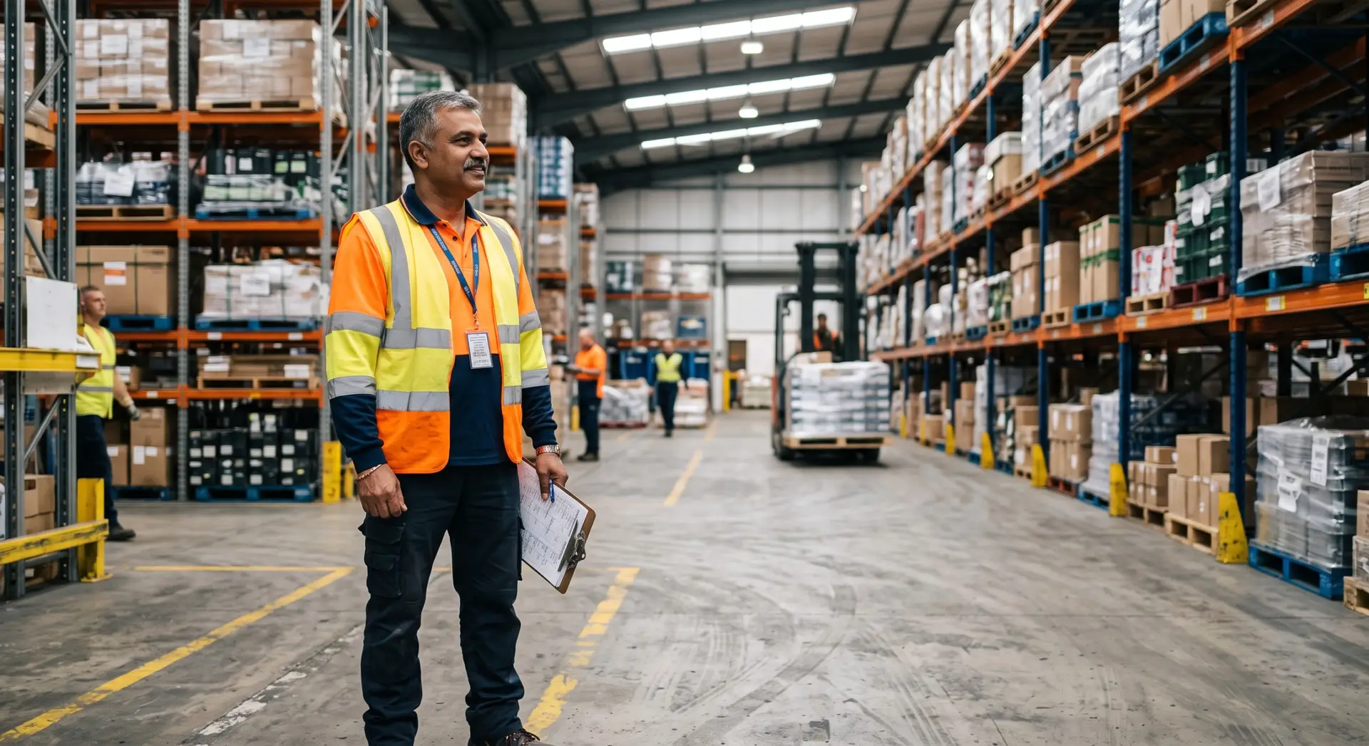A man wearing a high-visibility vest and navy work clothes stands in a warehouse aisle, holding a clipboard and pen. The background features tall racking packed with goods and a forklift in the distance. | clarus wms A man wearing a high-visibility vest and navy work clothes stands in a warehouse aisle, holding a clipboard and pen. The background features tall racking packed with goods and a forklift in the distance.